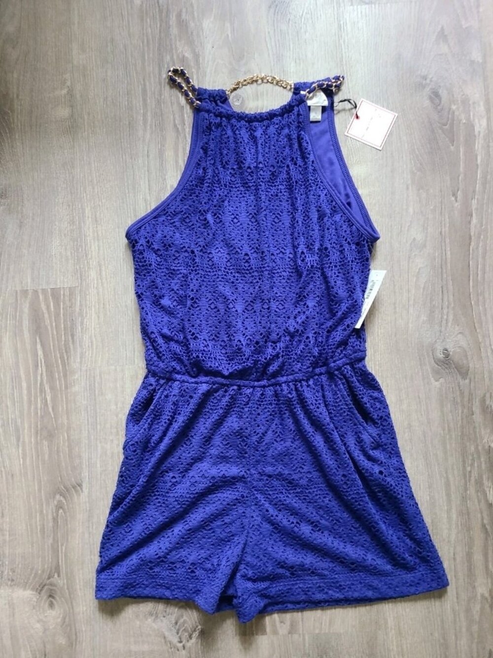 Bisou Bisou Womens M Romper Micro Short Royal Blue Lace Gold Chain Stretchy NWT